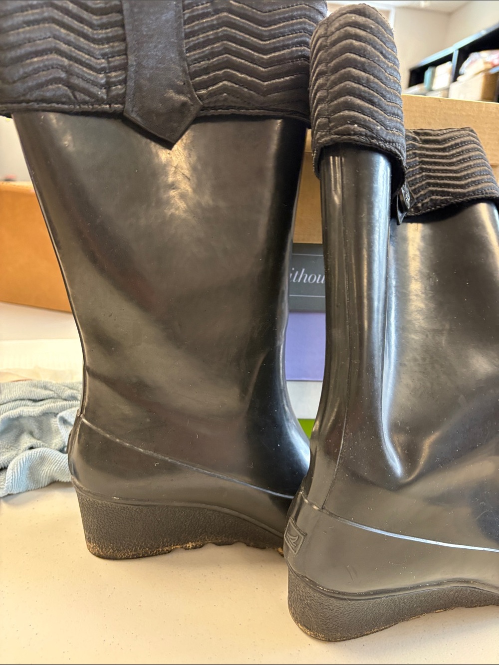 Sperry Black Quilted-Cuff Waterproof Women's Rain Boots